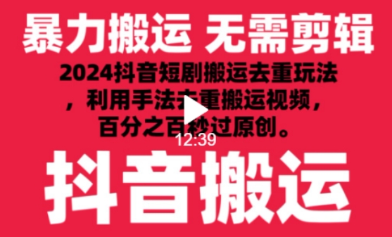 2024最新抖音搬运技术，抖音短剧视频去重，手法搬运，利用工具去重，达到秒过原创的效果