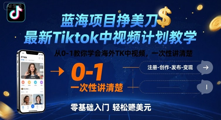 蓝海项目挣美刀，最新Tiktok中视频计划教学，从0-1教你学会海外TK中视频，一次性讲清楚