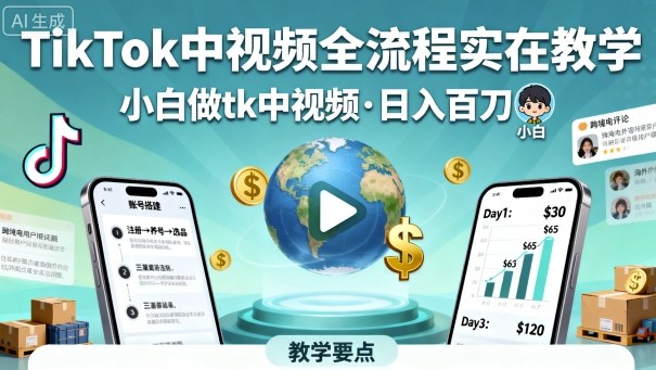 TikTok中视频全流程实操教学，小白做tk中视频，日入百刀