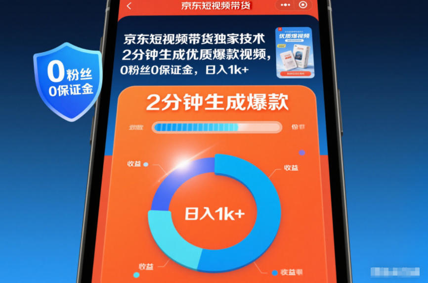 京东短视频带货独家技术,2分钟生成一条优质爆款视频,0粉丝0保证金,日入1k+