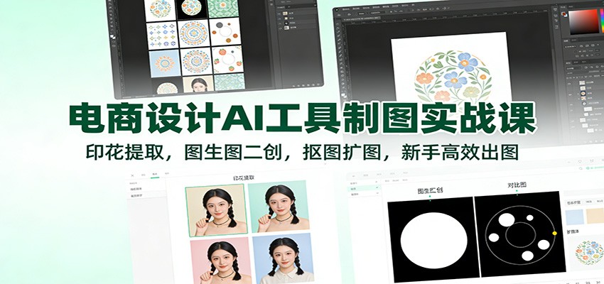 电商设计AI工具制图实战课：印花提取，图生图二创，抠图扩图，新手高效出图