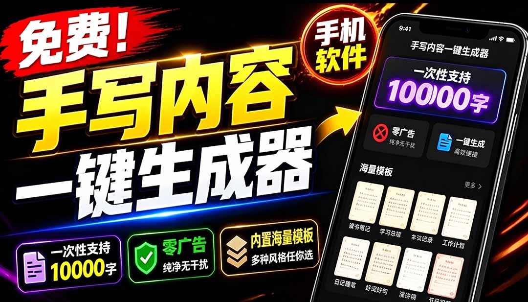 （18667期）超逼真手写字体一键生成器，纯免费离线运行，一次性支持10000字，零广告，内置海量模板