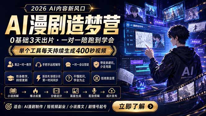 (18568期)AI漫剧造梦营:0基础3天出片,单个工具每天持续生成400秒视频