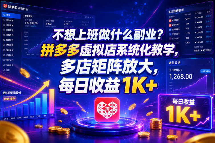 不想上班做什么副业?拼多多虚拟店系统化教学,多店矩阵放大,每日收益1K+