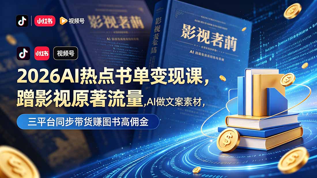 (18727期)2026AI热点书单变现课,蹭影视原著流量,AI做文案素材,三平台同步带货赚图书高佣金