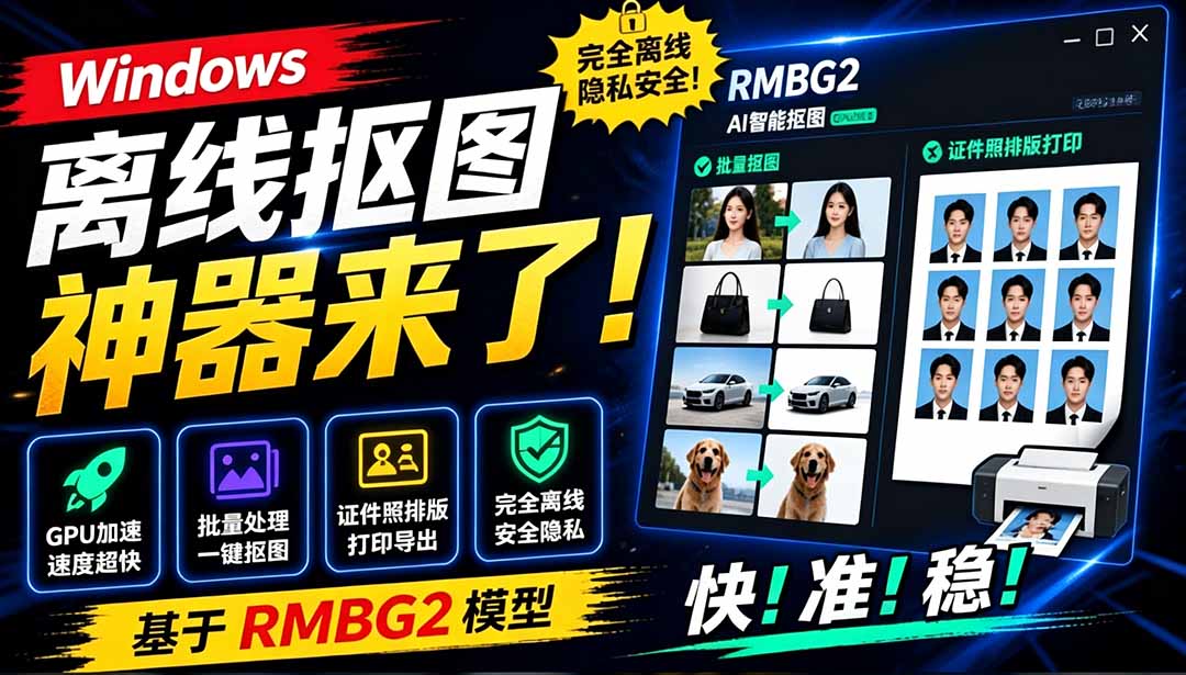 (19357期)Windows离线抠图神器来了!支持批量抠图 + 证件照排版打印,基于RMBG2模型,GPU加速 方块AI抠图