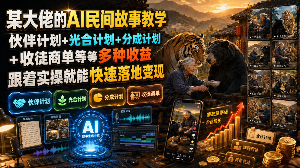 (19360期)某大佬的AI民间故事教学,伙伴计划+光合计划+分成计划+收徒商单等多种收益,跟着实操就能快速落地变现