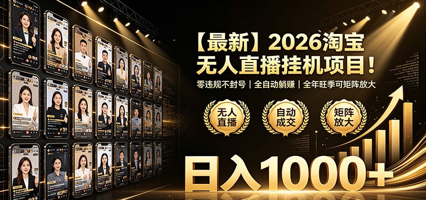 最新2026淘宝无人直播挂机项目!零违规不封号,全自动躺赚,日入1000+