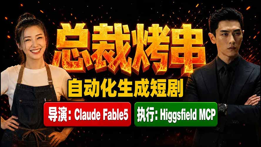 (19541期)《总裁烤串》真人短剧全自动诞生!Claude Fable5 当导演,Higgsfield MCP 执行!