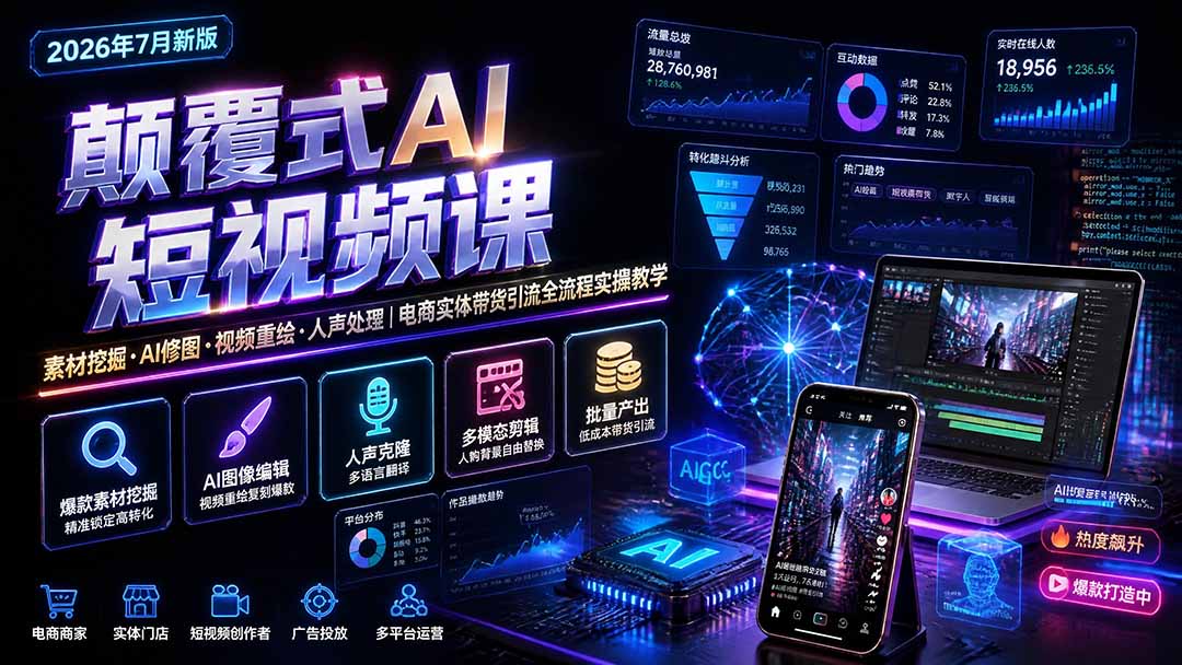 (19630期)颠覆式AI短视频课|素材挖掘,AI修图,视频重绘,人声处理|电商实体带货引流全流程实操教学