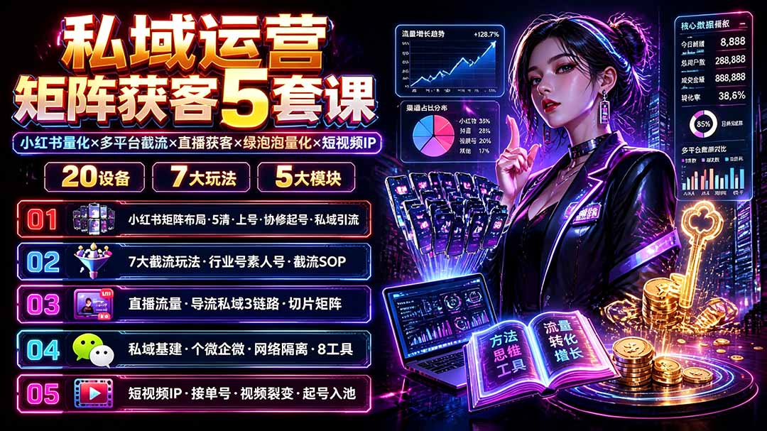 (19617期)私域运营矩阵获客5套课:小红书量化×多平台截流×直播获客×绿泡泡量化×短视频IP×20设备×7大玩法