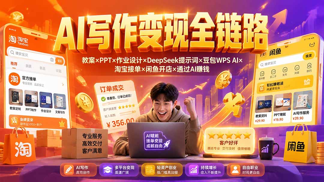 (19561期)2026AI写作变现全链路:教案×PPT×作业设计×DeepSeek提示词×豆包WPS AI×淘宝接单×闲鱼开店×通过AI賺钱