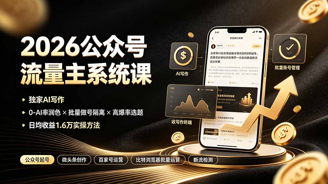 (19405期)2026公众号流量主系统课:独家AI写作×0-AI率润色×批量做号隔离×高爆率选题,日均收益1.6万实操方法 (19405期)2026公众号流量主系统课:独家AI写作×0-AI率润色×批量做号隔离×高爆率选题,日均收益1.6万实操方法