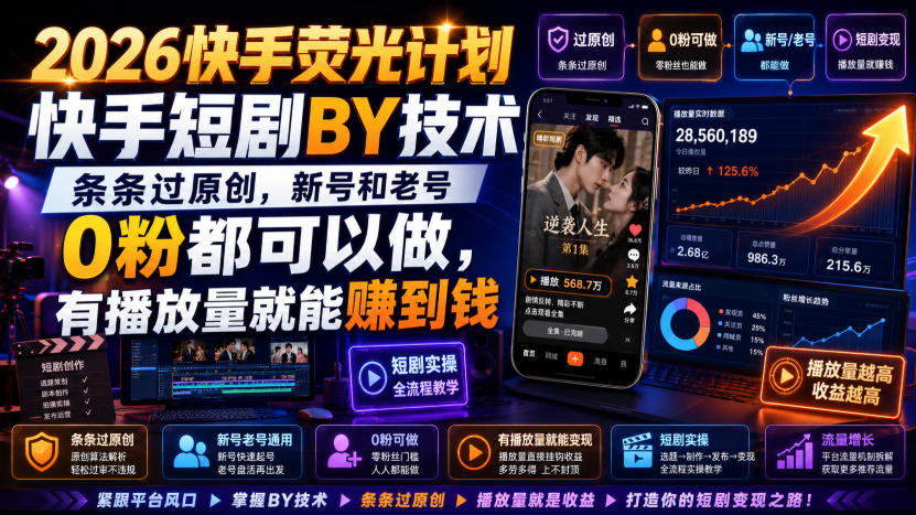 2026快手荧光计划,快手短剧搬运技术,条条过原创,新号和老号0粉都可以做,有播放量就能賺到钱