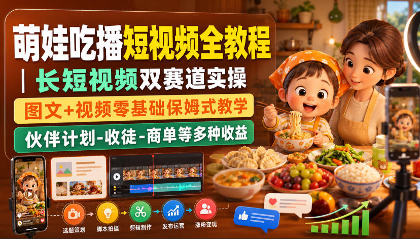 萌娃吃播短视频全教程|长短视频双赛道实操,图文+视频零基础保姆式教学,伙伴计划-收徒-商单等多种变现方式