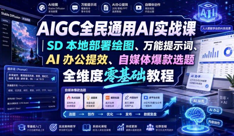 AIGC全民通用AI实战课|SD本地部署绘图、万能提示词、AI办公提效、自媒体爆款选题全维度零基础教程