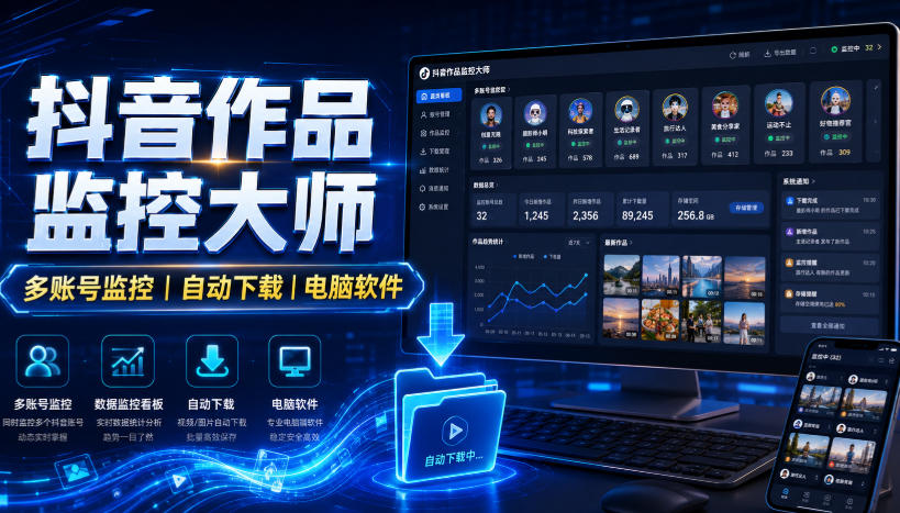 抖音作品监控大师，多账号监控丨自动下载丨电脑软件
