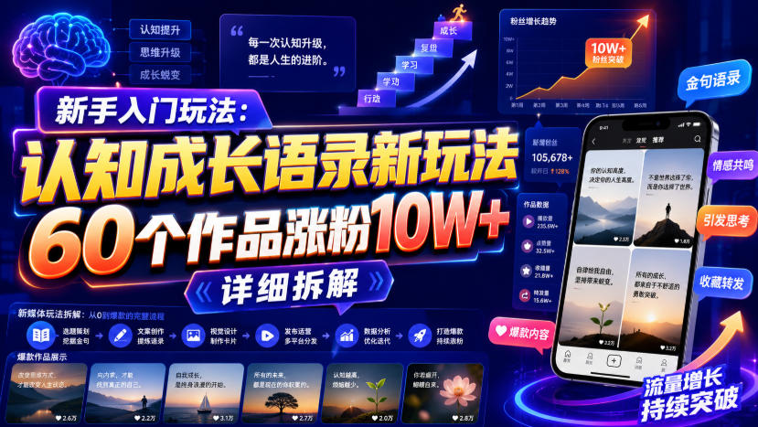 新手入门玩法:认知成长语录新玩法,60个作品涨粉10W+,详细拆解