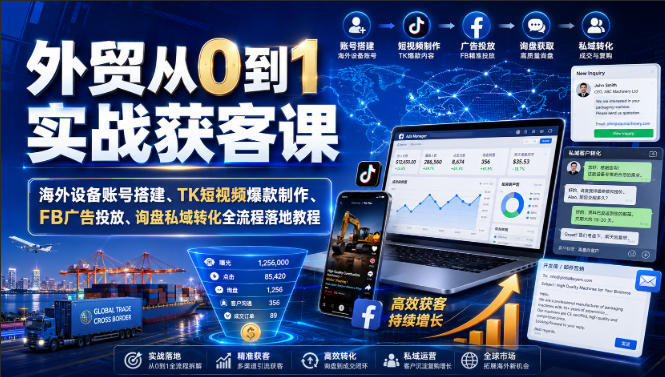 外贸从0到1实战获客课|海外设备账号搭建、TK短视频爆款制作、FB广告投放、询盘私域转化全流程落地教程
