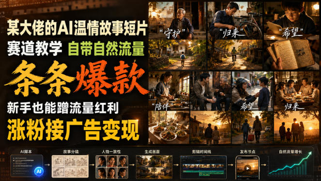 某大佬的AI温情故事短片赛道教学，自带自然流量，条条爆款，新手也能蹭流量红利，涨粉接广告变现