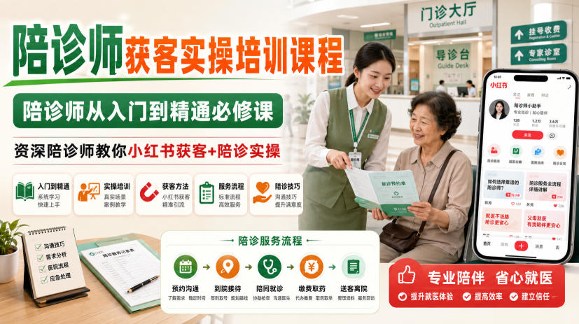 陪诊师获客实操培训课程，陪诊师从入门到精通必修课，资深陪诊师教你小红书获客+陪诊实操