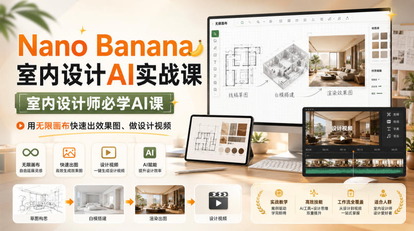 Nano Banana室内设计AI实战课，室内设计师必学AI课，用无限画布快速出效果图、做设计视频