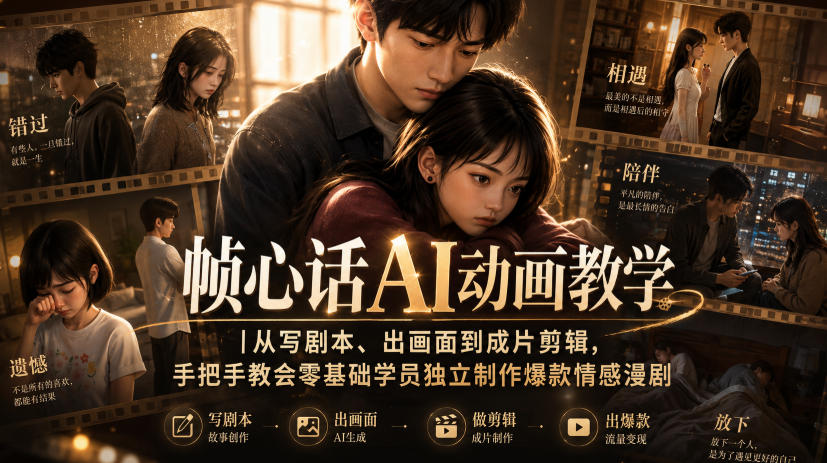 帧心话AI动画教学|从写剧本、出画面到成片剪辑,手把手教会零基础学员独立制作爆款情感漫剧