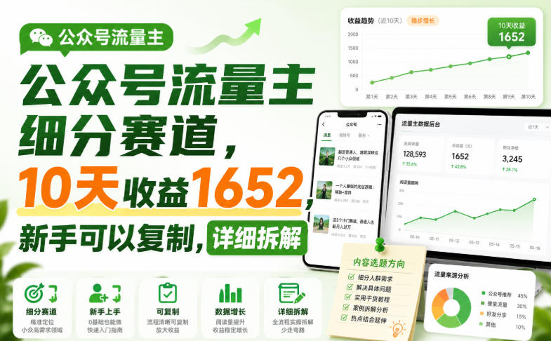 公众号流量主细分赛道,10天收益1652,新手可以复制,详细拆解