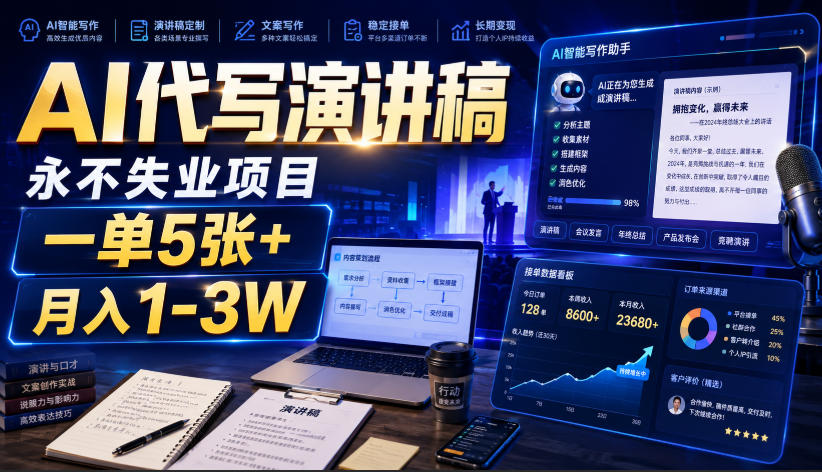 AI代写演讲稿,永不失业项目,一单5张+,月入1-3W