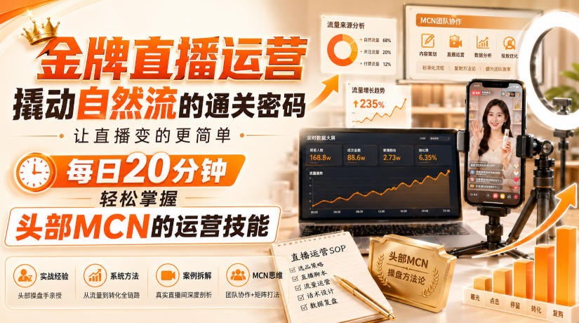 金牌直播运营撬动自然流的通关密码,让直播变的更简单,每日20分钟,轻松掌握头部MCN的运营技能