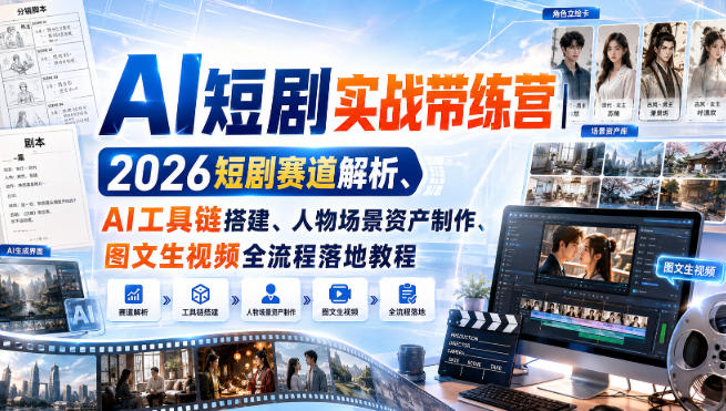 AI短剧实战带练营|2026短剧赛道解析、AI工具链搭建、人物场景资产制作、图文生视频全流程落地教程