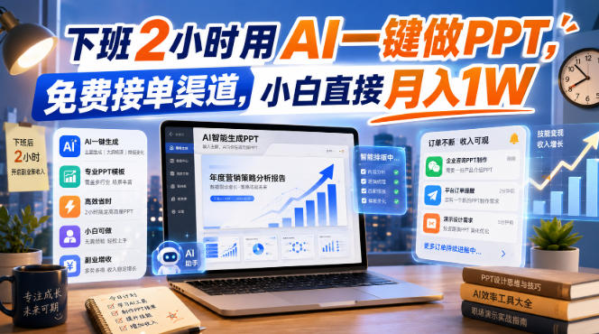 下班2小时用AI一键做PPT，免费接单渠道，小白直接月入1W