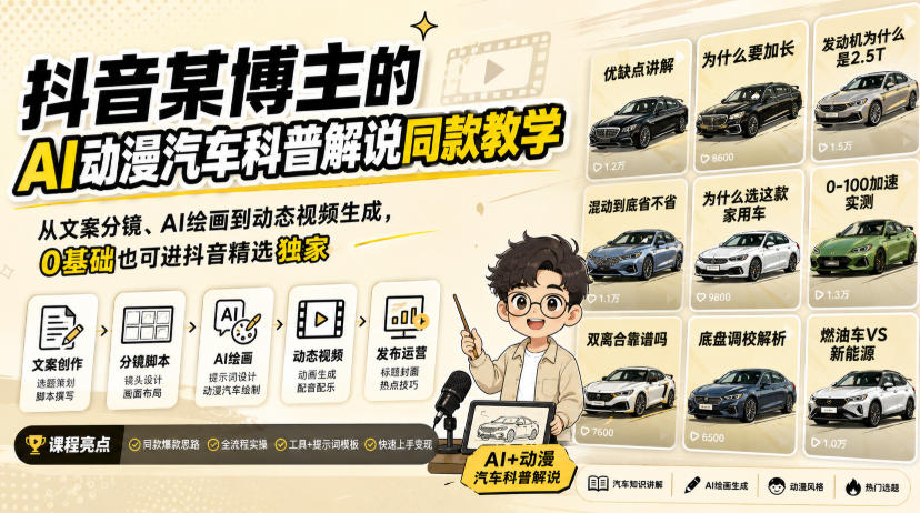 抖音某博主的AI动漫汽车科普解说同款教学,从文案分镜、AI绘画到动态视频生成,0基础解锁抖音精选独家收益