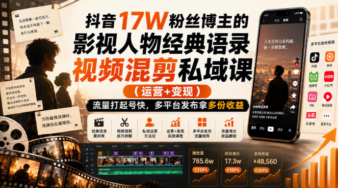 抖音17W粉丝博主的影视人物经典语录视频混剪私域课(运营+变现),流量大起号快,多平台发布拿多份收益
