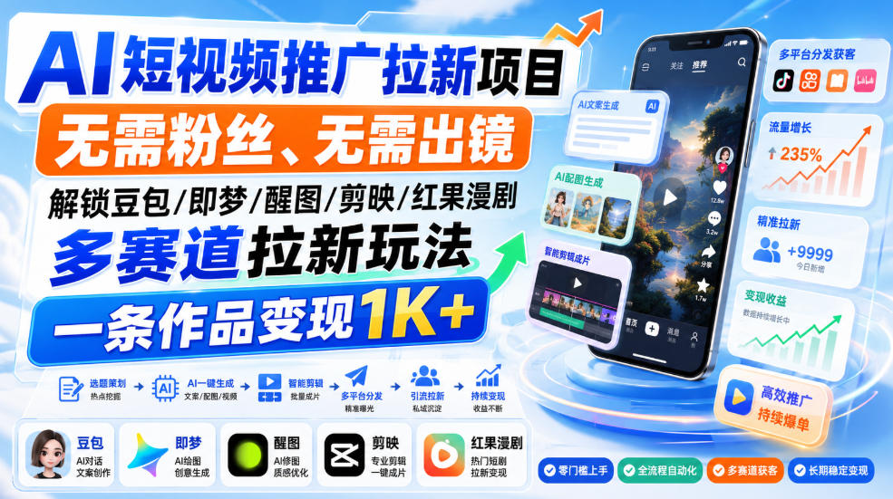 AI短视频推广拉新项目，无需粉丝、无需出镜，解锁豆包/即梦/醒图/剪映/红果漫剧多赛道拉新玩法，一条作品变现1K+