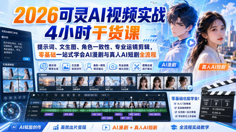 2026可灵AI视频实战4小时干货课｜提示词、文生图、角色一致性、专业运镜剪辑，零基础一站式学会AI漫剧与真人AI短剧全流程
