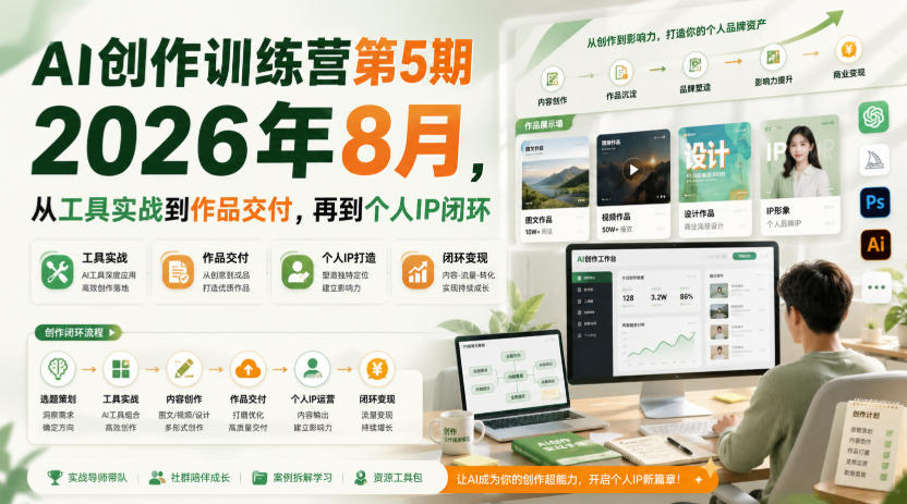 AI创作训练营第5期2026年8月,从工具实战到作品交付,再到个人IP闭环