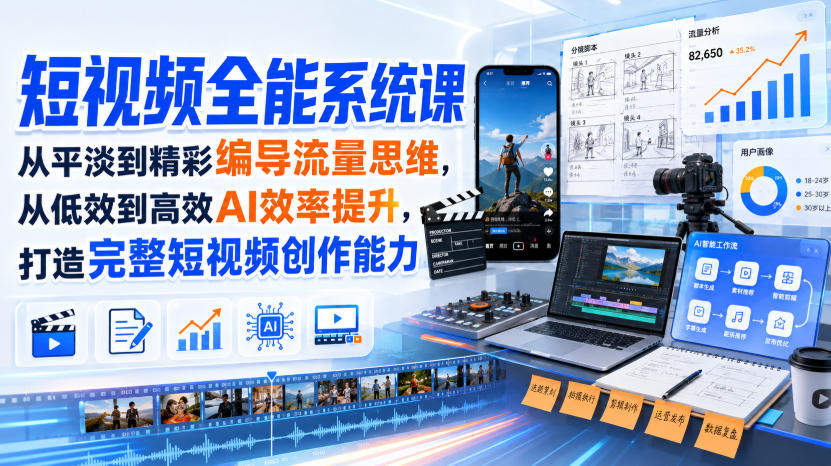短视频全能系统课,从平淡到精彩编导流量思维,从低效到高效AI效率提升,打造完整短视频创作能力(2026年8月30更新233集)