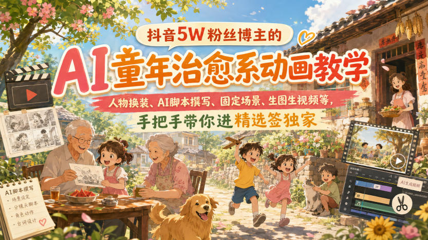抖音5W粉丝博主的AI童年治愈系动画教学,人物换装、AI脚本撰写、固定场景、生图生视频等,手把手带你进精选签独家
