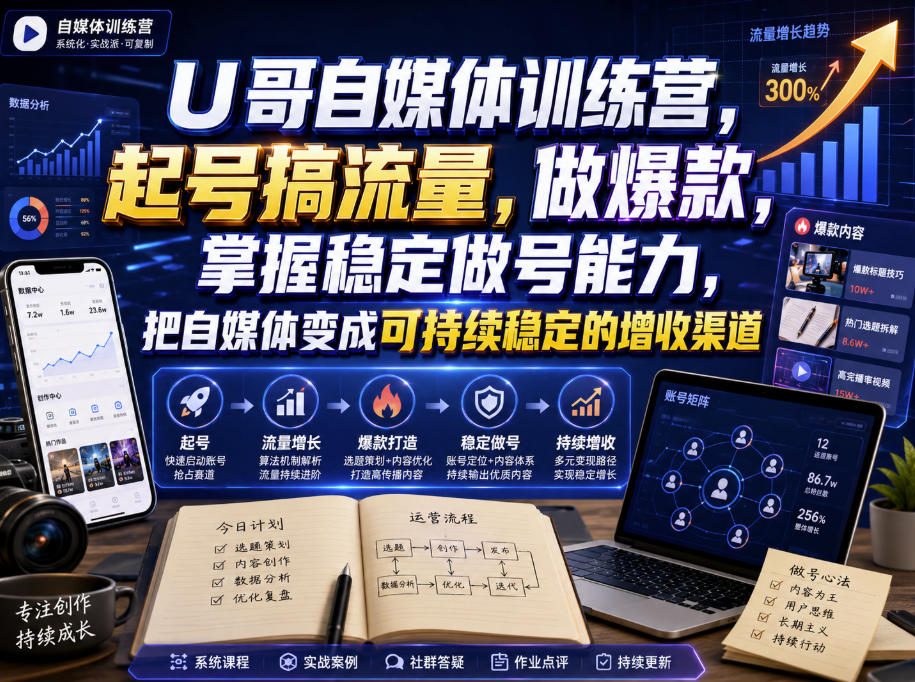 U哥自媒体训练营，起号搞流量，做爆款，掌握稳定做号能力，把自媒体变成可持续稳定的增收渠道