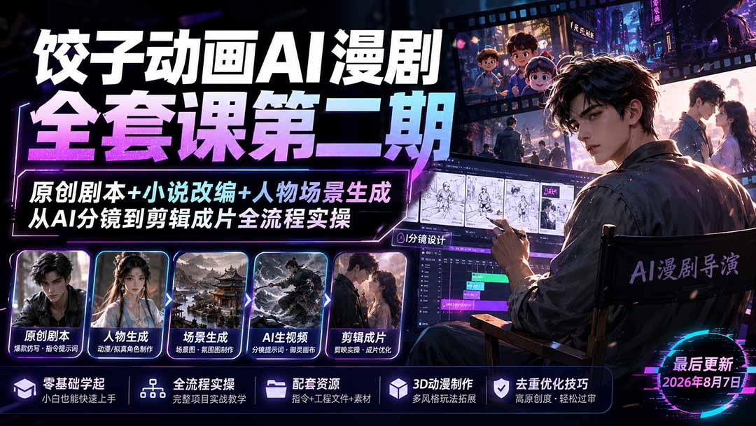 (19910期)饺子动画AI漫剧全套课第二期:原创剧本+小说改编+人物场景生成,从AI分镜到剪辑成片全流程实操