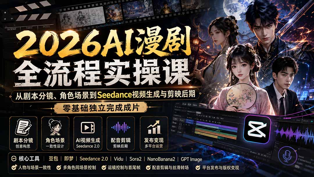 （20042期）2026AI漫剧全流程实操课：从剧本分镜、角色场景到Seedance视频生成与剪映后期，零基础独立完成成片