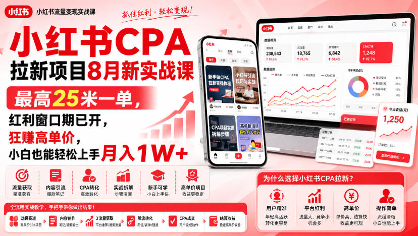 小红书CPA拉新项目8月新实战课，最高25米一单，红利窗口期已开，狂賺高单价，小白也能轻松上手月入1W+