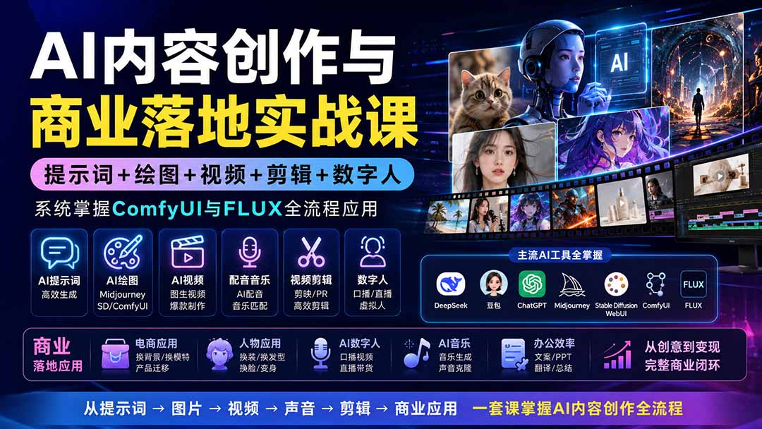 （19913期）AI内容创作与商业落地实战课：提示词+绘图+视频+剪辑+数字人，系统掌握ComfyUI与FLUX全流程应用