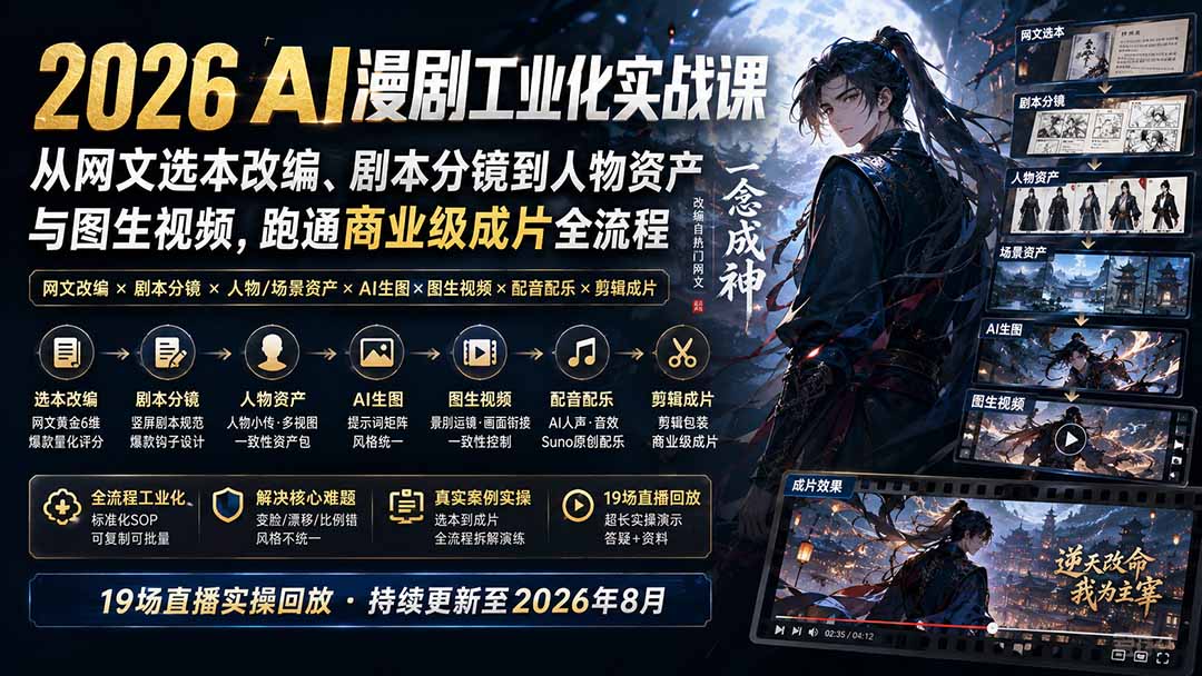 （20068期）2026 AI漫剧工业化实战课-更新：从网文选本改编、剧本分镜到人物资产与图生视频，跑通商业级成片全流程
