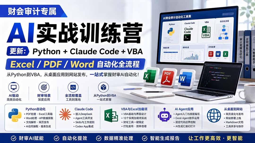 (19887期)财会审计专属 AI实战训练营:Python+Claude Code+VBA,Excel/PDF/Word自动化全流程 (更新)