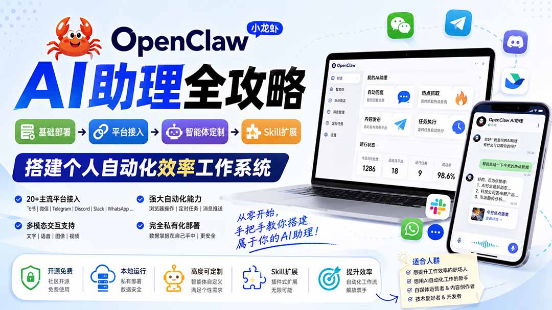 (19889期)OpenClaw AI助理全攻略:基础部署→平台接入→智能体定制→Skill扩展,搭建个人自动化效率工作系统