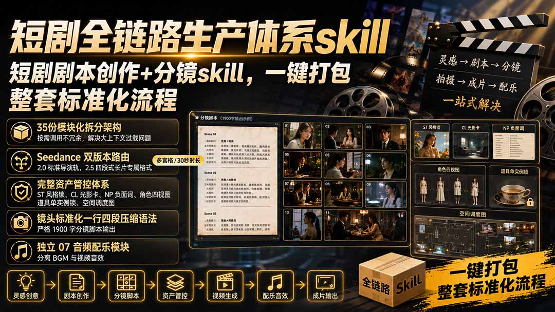 (19911期)短剧全链路生产体系skill,短剧剧本创作+分镜skill,一键打包,整套标准化流程