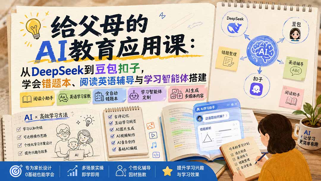 (19890期)给父母的AI教育应用课:从DeepSeek到豆包扣子,学会错题本、阅读英语辅导与学习智能体搭建