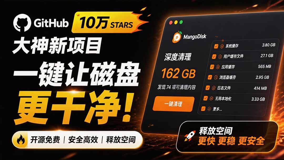 (19894期)在Gtihub上做出10万 stars 的大神,又发布新项目了!一键让磁盘更干净,开源免费清理工具 MangoDisk